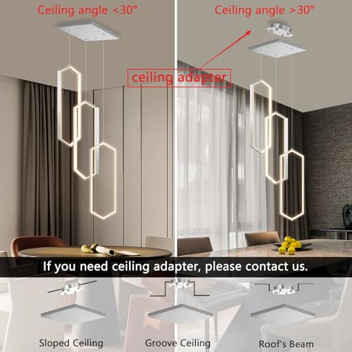 3 Rings Dimmable Pendant Lighting Adjust LED Chandelier Ceiling Light Fixtures for Kitchen Island Dining Room Living Room Bedroom Silver