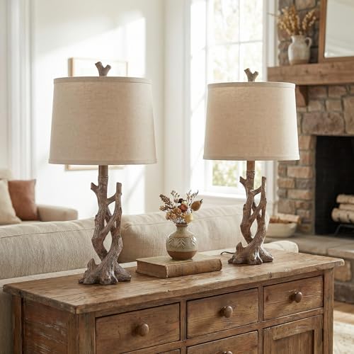 23" Rustic Farmhouse Table Lamp Country Cottage Lamps for Nightstand Tree Trunk Wood Grain Lamp for Bedroom Living Room with Oatmeal Fabric Round Shade Resin Bedside Lamp (2 Count)