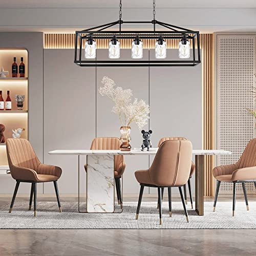 Black Farmhouse Chandeliers Rectangle 5 Light Modern Kitchen Island Pendant Light with Clear Water Glass Industrial Linear Dining Room Lighting Fixture Hanging Flush Mount Ceiling Lights