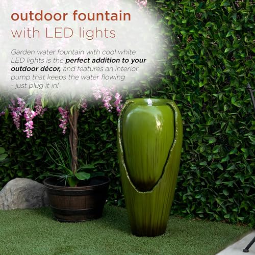 33" Tall Outdoor Vintage Cascading Antique Jar Water Fountain with LED Lights for Gardens
