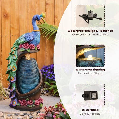 32" Peacock Sculpture Waterfall Fountain Indoor with LED Lights
