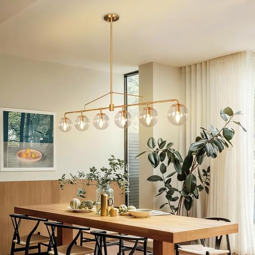 Gold Linear Chandelier 6 Lights Seeded Glass Globe Pendant Light