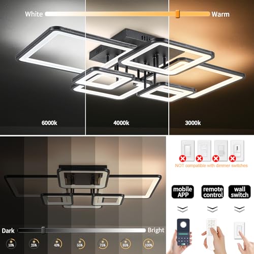 Modern LED Ceiling Light Fixture Black Kitchen Lighting Fixtures Ceiling for Bedroom 31.5" Dimmable 6 Ring Square Ceiling Light for Kitchen with Remote Control for Living Room