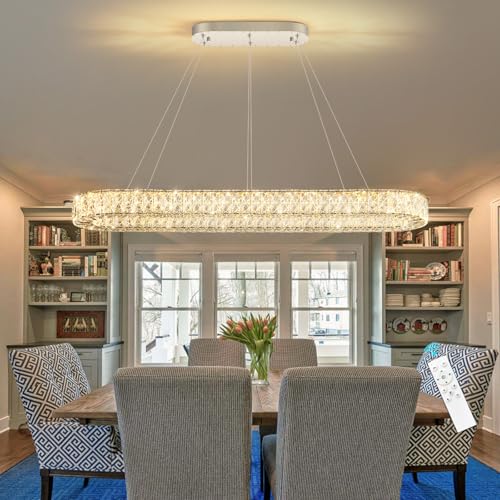 Modern Oval Chandelier Rectangular K9 Crystal Chandeliers for Dining Room Dimmable LED Light Fixture with Remote for Living Room Kitchen Light Silver