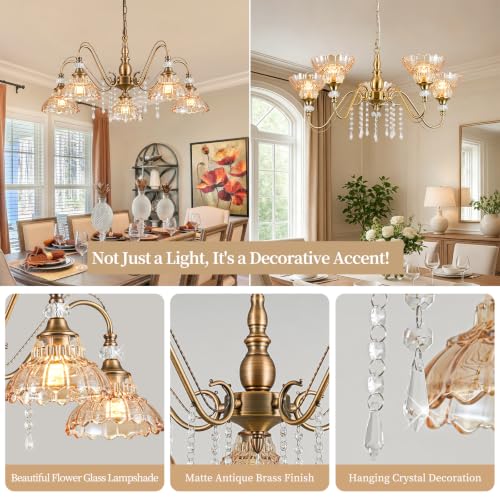 5 Light Vintage Chandelier in Matte Antique Brass Finish with Amber Flower (5-Light / Antique Brass and Amber)