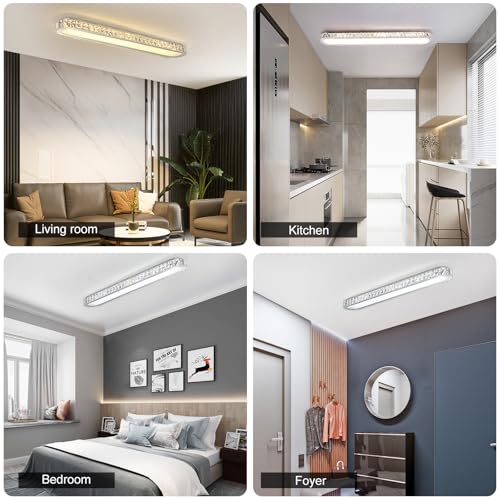 Dimmable LED Ceiling Light 39.4'' Kitchen Lighting Fixtures Ceiling Modern Luxury Crystal Ceiling Light with Remote Chrome Long Ceiling Light Fixture for Kitchen Dining Room Hallway