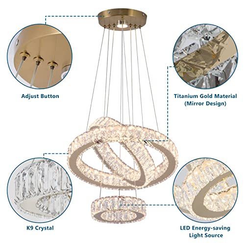 3 Ring LED Chandelier Modern Crystal Chandeliers LED Pendant Lights Gold Ring Chandelier for Bedroom Dining Room High Ceiling Foyer