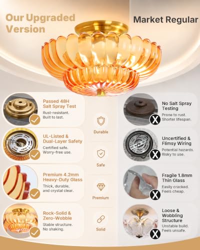 Semi Flush Mount Ceiling Light Fixture 11.8" Vinatge Gold Ceiling Lights Mid Century Modern Orange Glass Close to Ceiling Lighting Fixtures for Bedroom Hallway Foyer Bathroom Kitchen Entryway