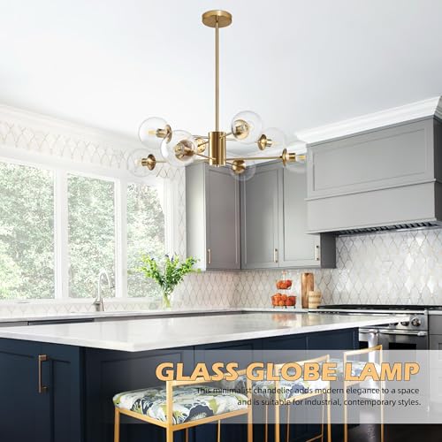8 Light Globe Sputnik Chandelier Modern Gold Sputnik Chandelier Mid Century Globe Pendant Light Brushed Brass Finished with Clear Glass Lampshade Chandeliers for Kitchen Bedroom (8 Count)