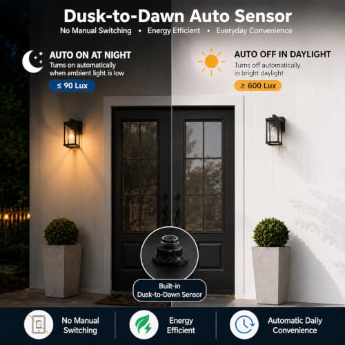 Porch Lights with GFCI Outlets Dusk to Dawn Outdoor Wall Lights Waterproof Exterior Lighting Fixtures Modern Outside Lights Wall Mount for House Patio Garage (2 Count)