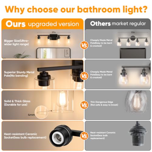 Black 4 Lights Bathroom Light Fixtures Over Mirror 27 Inches