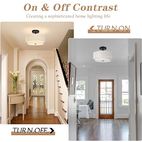 2 Light Semi Flush Mount Ceiling Light Fixture 12.6 Inch Modern Black Drum Ceiling Light Fixture with 2
