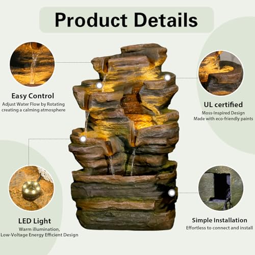 6 Tier Cascading Outdoor Water Fountain 24.2 in Brown Rock