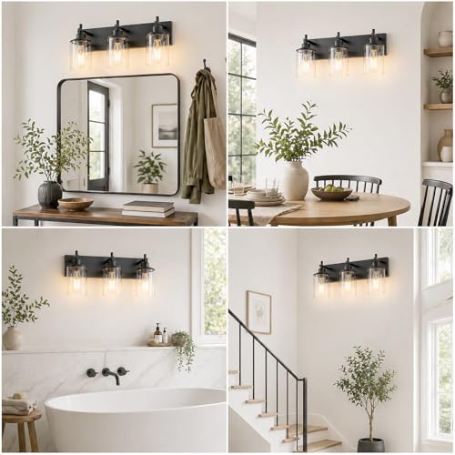 3 Light Black Bathroom Light Fixture Over Mirror Modern Farmhouse Bathroom Vanity Light Vintage Wall Lighting with Clear Glass Shade for Bathroom (3 Count)