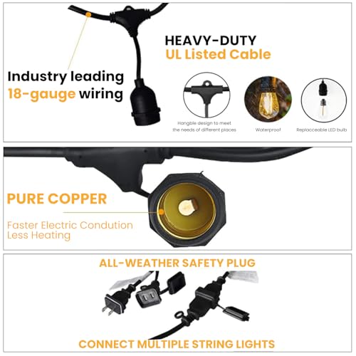 48 FT Outdoor String Lights 2W Commercial Grade Waterproof S14 ETL (48 Foot)