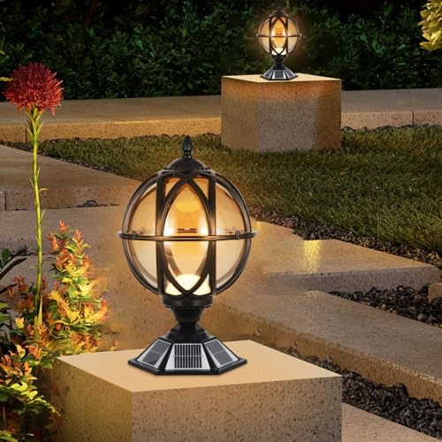 Solar Post Cap Light Victorian Globe Outdoor Waterproof Fence Pillar Lamps Solar Energy LED Exterior Column Lights Glass Ball Porch Lights Landscape Yard Street Light Deck Bollard Pedestal Light