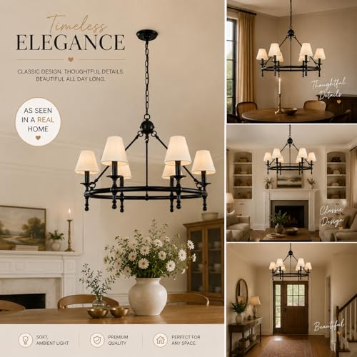 6 Lights W34in Vintage Matte Black Classic Lighting with White Pleated Fabric Chandeliers for Dining Room Mid Century Modern Large Round Ceiling Light for Classic Living Room