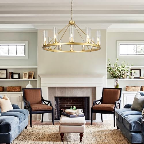 12 Lights Gold Chandelier Wagon Wheel Chandelier with Clear Glass Shade Round Industrial Pendant Lighting Fixture for Stair Living Room Foyer Kitchen