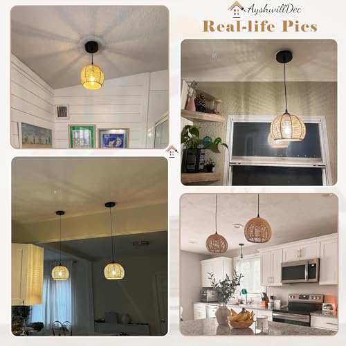 2 Pack Wicker Pendant Light Natural Woven Pendant Light Boho Chandelier Light Fixture Dome Rustic Farmhouse Pendant Lights Rattan Light Fixture for Kitchen Island Dining Room