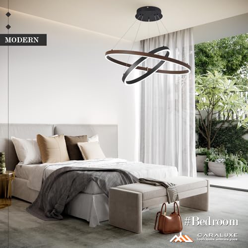 2 Ring LED Chandelier Black Walnut Wood Chandelier for Dining Room Dimmable