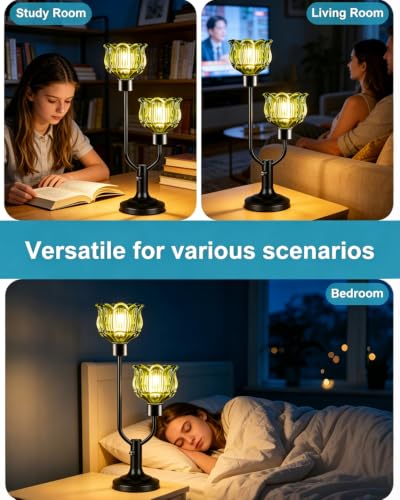 Green Glass Table Lamp Vintage Black Flower Lamp Gift Dimmable