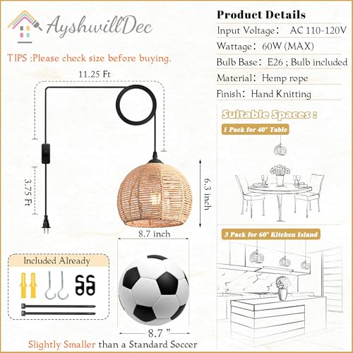 Plug in Mini Hemp Rope Woven Pendant Light Woven Light Fixture Boho Chandelier Wicker Pendant Lights Rattan Plug in Cord Hanging Lights Dome Wicker Chandelier for Bedroom