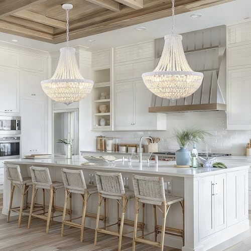 22" Boho Wood Beaded Chandelier Farmhouse Rattan Pendant Light Fixtures Bohemia Large Rattan Chandeliers for Dining Room Living Room Kitchen Island Entryway Foyer