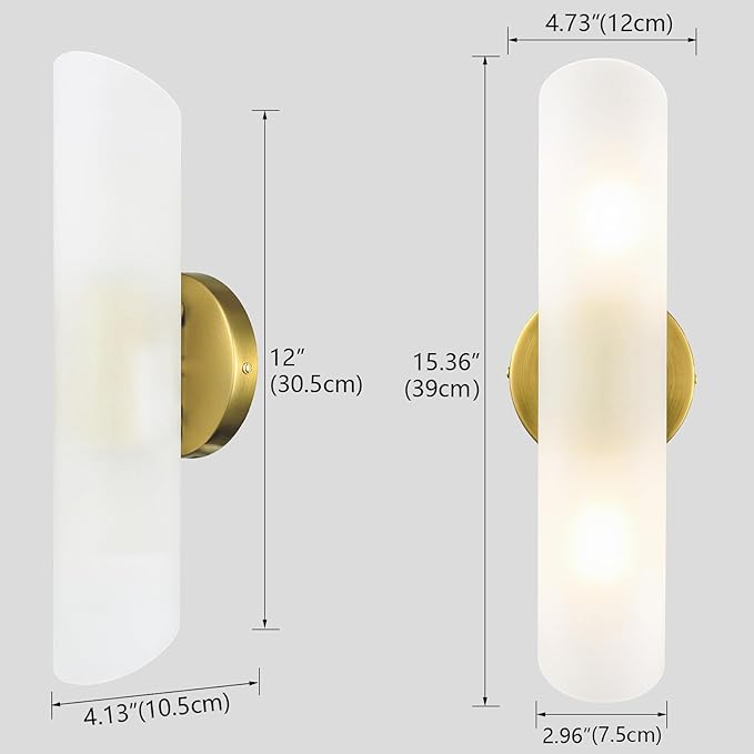 DAYCENT Modern Brass Wall Sconces Set of Two Frosted Glass Wall Light Fixture 2-Light Cylinder Bathroom Vanity Lights Gold Glass Sconces Wall Lighting for Hallway Bedroom Staircase - Aura Lighting