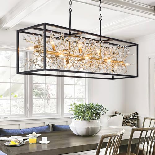 Modern Black and Gold Rectangle Crystal Chandelier for Dining Room