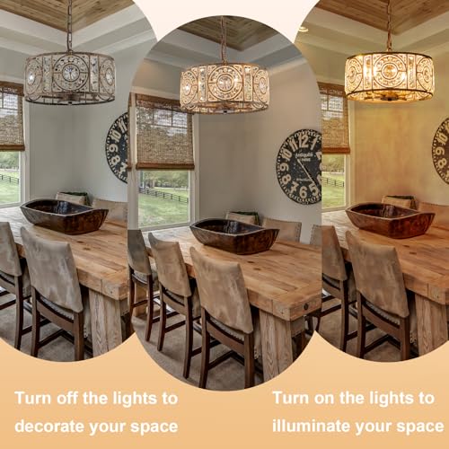Bronze Vintage Crystal Chandeliers for Dining Room 14.17" Drum Pendant Lights