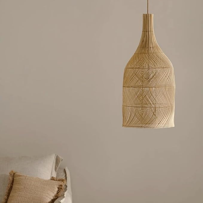 Wabi-Sabi Style Rattan Pendant Light, Handwoven Bottle Shape Hanging Lamp, Natural Bohemian Style Bedroom Hanging Light Fixture with E27 Base for Tea Room Living Room Bedroom Guesthouse