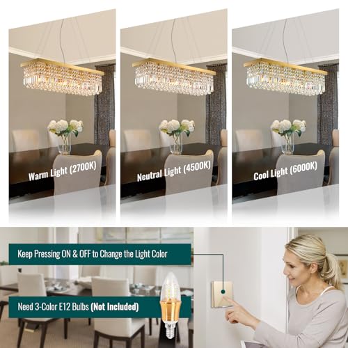 6 Light Modern Crystal Chandelier Rectangular Gold K9 Crystal Raindrop Chandelier for Dining Room