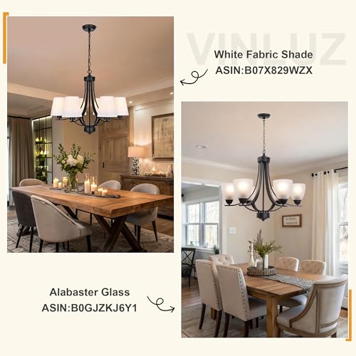 Farmhouse Chandeliers 6 Light Black Contemporary Pendant Lighting Rustic Dining Room Lighting Fixtures Hanging with White Fabric Shade