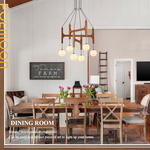 Farmhouse 6 Light Wooden Chandelier with Milk Glass Globe L28 Inch (6 Count)