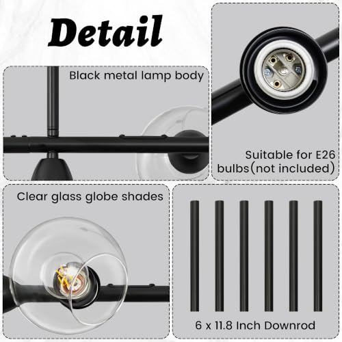 5 Lights Linear Chandelier Modern Black Clear Glass Globe Pendant Light
