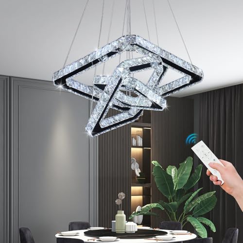 Square 3 Ring Crystal Chandelier Dimmable LED Pendant