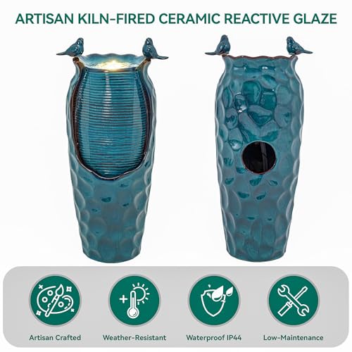 Autodaya 33" Vase Ceramic Outdoor Water Fountain with Lights and Birds