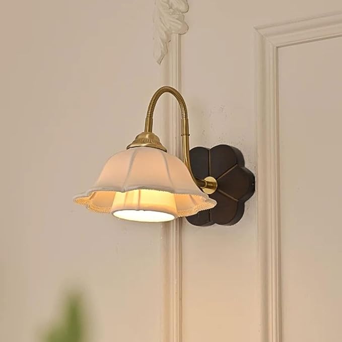 French Art Wall Light Fixture Nordic Walnut Wood Wall Sconce with White Double Layer Fabric Shade, Wabi Sabi Japanese Style Home Deco Lighting Fixture Gold Retro Indoor Hardwired Sconces