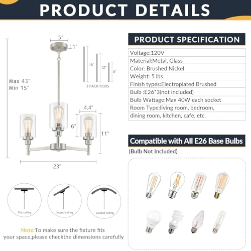 3 Light Brushed Nickel Chandeliers for Dining Room Light Fixture Over Table
