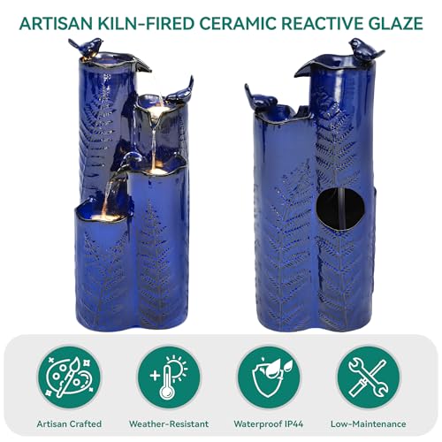 Autodaya 32" H Ceramic Outdoor Water Fountain with LED Lights