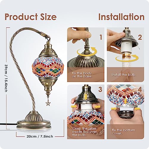Turkish Moroccan Lamp with Bronze Base 3 Color Options Handmade Swan Neck Mosaic Glass Bedside Lamps for Bedroom