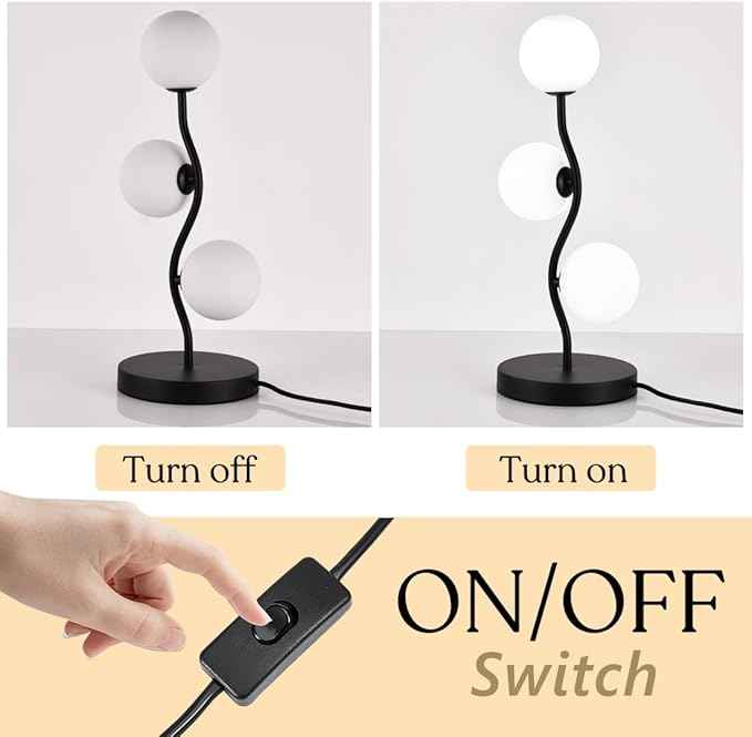 3-Light Curve Black Globe Table Lamp Mid Century Flower Beside Desk Table Light with Milk White Glass Shade Metal Base Nightstand Lamp for Bedroom Bedside