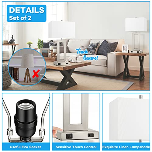 22" Silver Modern Table Lamp Set of 2 with 2 USB Ports&AC Outlet (2 Count)