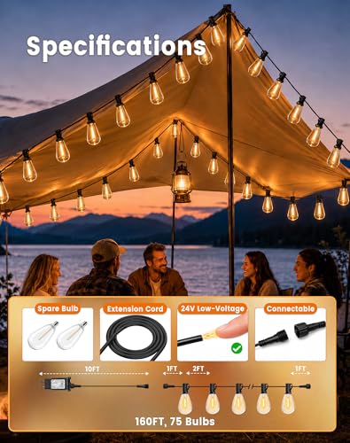 160FT(150+10) Outdoor String Lights, 2FT Spacing 75 LED Edison Bulbs, Waterproof, Shatterproof, Dimmable, Warm White, 3 Modes, Timer, Plug in Hanging Backyard Lights for Outside, Patio (150+10FT(75 Sockets))