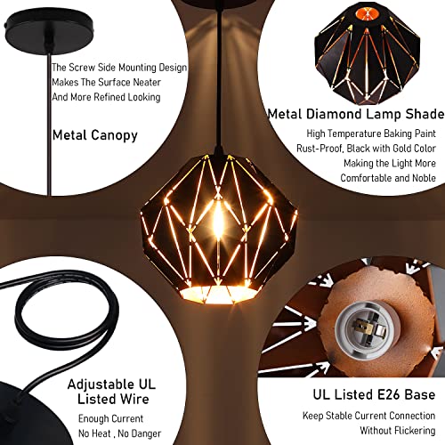 Pendant Light Industrial Vintage Pendant Lamp Retro Farmhouse Ceiling Hanging Light Fixture Black Metal Creative Geometric Diamond Shade Pendant Lighting for Kitchen Island (38.4 Ounce)