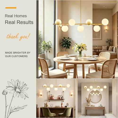 Globe Modern Sputnik Chandeliers for Dining Room Chandelier, 7-Light Dining Room Light Fixture Over Table, Mid Century Linear Chandelier Gold and Milk White Bubble, 43.3 Inch (Bulbs not Included)