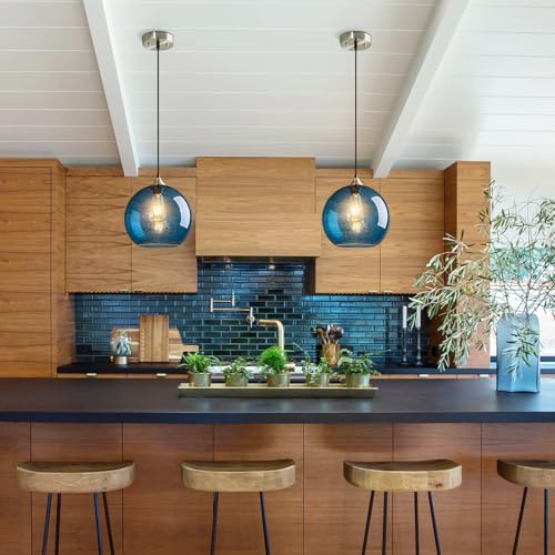 Blue Glass Pendant Lights Kitchen Island Lighting Globe Pendant Light Fixtures Modern Pendant Lighting for Kitchen Island Bedroom Living Dining Room Light Fixture (2 Count)
