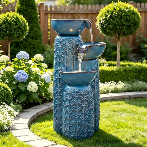 28" Ceramic Outdoor Water Fountain with LED Lights