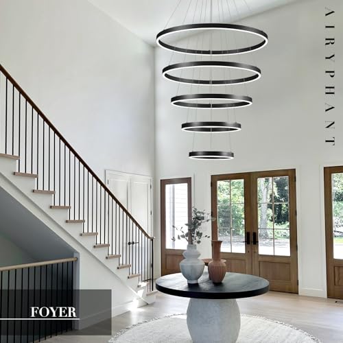 5 Ring Chandelier Black Modern LED Chandeliers High Ceiling 31" Large Foyer Chandelier Entryway Dimmable Pendant Light Fixture for Living Room Staircase