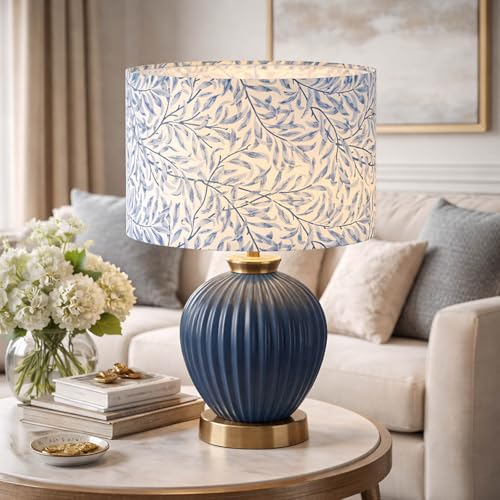Blue Leaf 13" Drum Lamp Shades Set of 2 with Harps (2 Count)